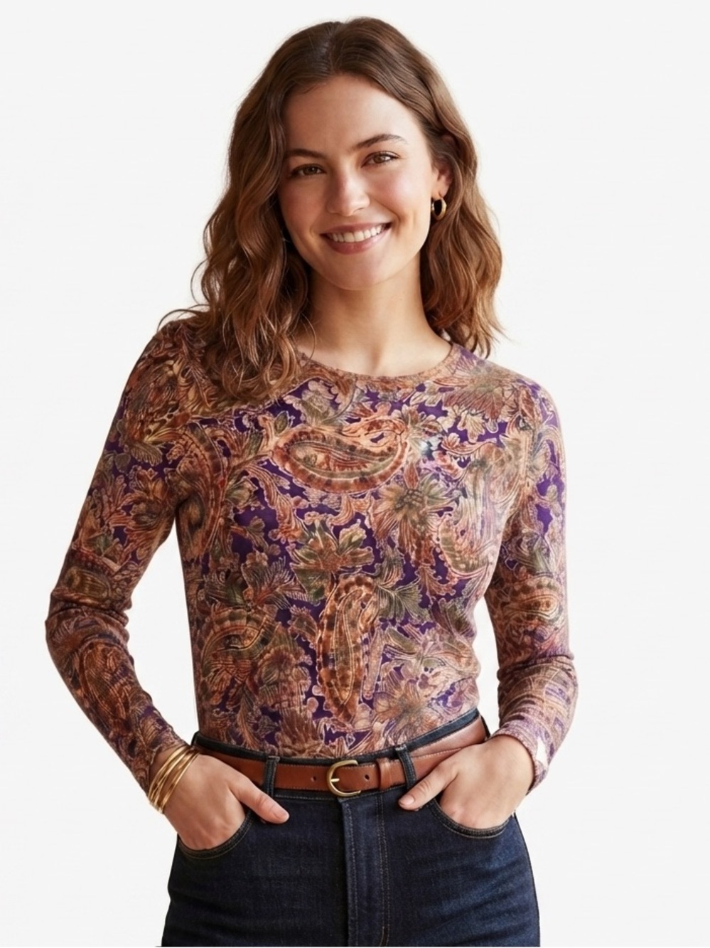 LAUREN Ralph Lauren Women’s Paisley Long Sleeve Cotton Tee Size M
